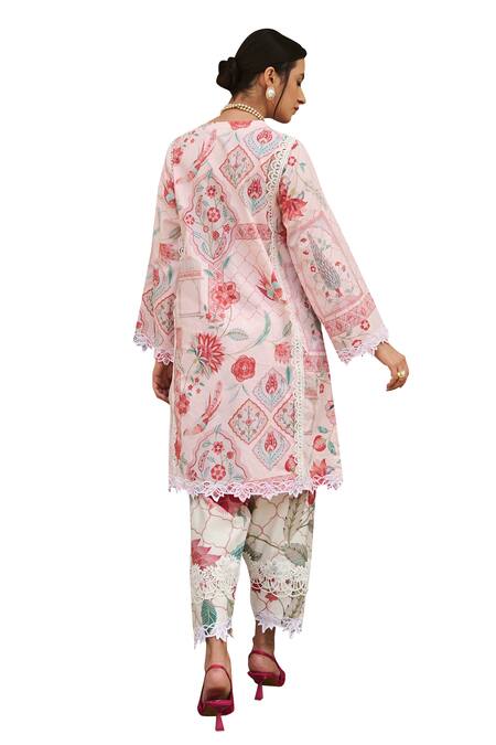 Shop Sage Saga Pink Chanderi, V-neck Floral Print Straight Kurta Set Shop_Sage Saga_Pink Chanderi, V-neck Floral Print Straight Kurta Set