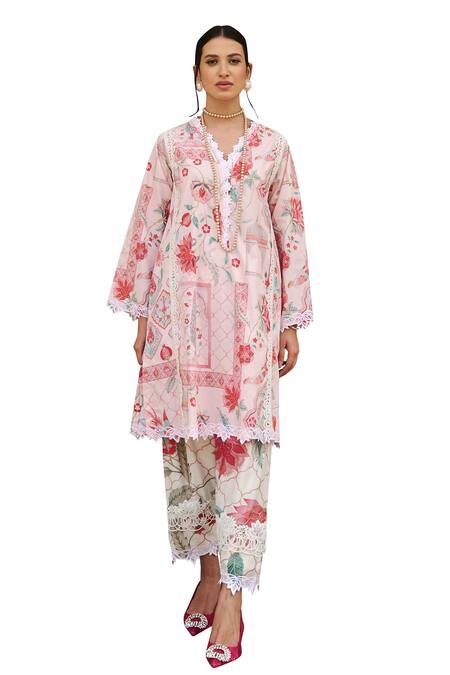 Sage Saga_Pink Lawn Cotton Printed Floral V Neck Straight Kurta _Online_at_Aza_Fashions