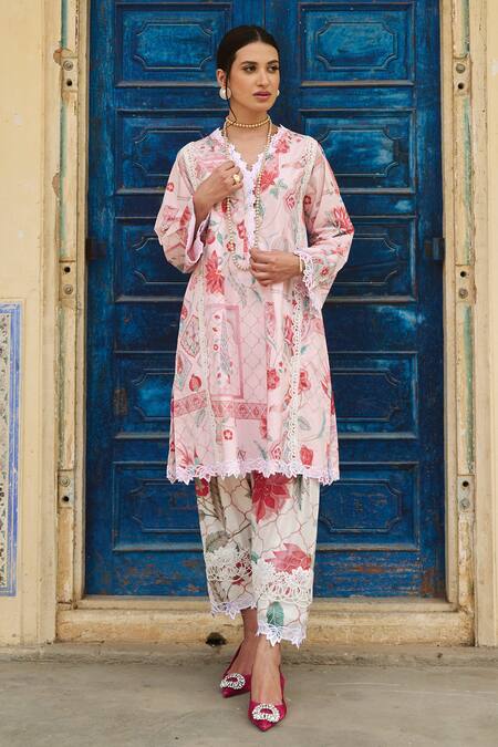 Shop_Sage Saga_Pink Lawn Cotton Printed Floral V Neck Straight Kurta _Online_at_Aza_Fashions