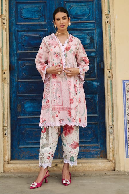 Sage Saga_Pink Lawn Cotton Printed Floral V Neck Straight Kurta _at_Aza_Fashions