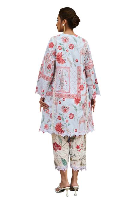 Sage Saga Blue Chanderi Lace V-neck Botanical Print Kurta Set Online at Aza Fashions Sage Saga_Blue Chanderi Lace V-neck Botanical Print Kurta Set _Online_at_Aza_Fashions