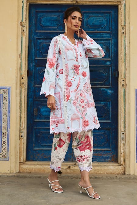 Shop Sage Saga Blue Chanderi Lace V-neck Botanical Print Kurta Set Online at Aza Fashions Shop_Sage Saga_Blue Chanderi Lace V-neck Botanical Print Kurta Set _Online_at_Aza_Fashions