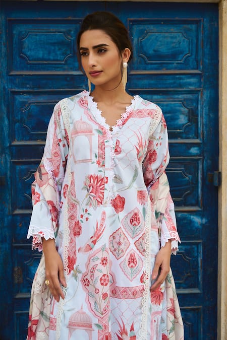 Buy Sage Saga Blue Chanderi Lace V-neck Botanical Print Kurta Set Buy_Sage Saga_Blue Chanderi Lace V-neck Botanical Print Kurta Set