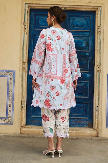 Shop Sage Saga Blue Lawn Cotton Printed Botanical V Neck Floral Kurta at Aza Fashions Shop_Sage Saga_Blue Lawn Cotton Printed Botanical V Neck Floral Kurta _at_Aza_Fashions