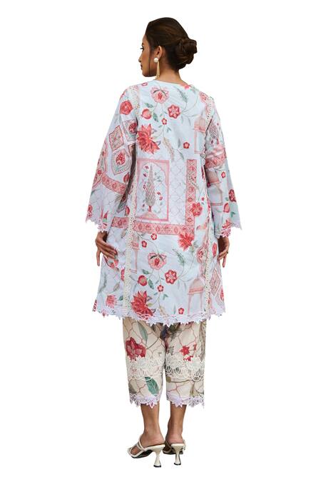 Sage Saga Blue Lawn Cotton Printed Botanical V Neck Floral Kurta Online at Aza Fashions Sage Saga_Blue Lawn Cotton Printed Botanical V Neck Floral Kurta _Online_at_Aza_Fashions