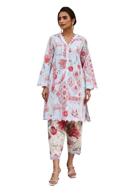 Buy Sage Saga Blue Lawn Cotton Printed Botanical V Neck Floral Kurta Online at Aza Fashions Buy_Sage Saga_Blue Lawn Cotton Printed Botanical V Neck Floral Kurta _Online_at_Aza_Fashions