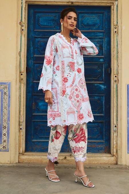 Shop Sage Saga Blue Lawn Cotton Printed Botanical V Neck Floral Kurta Online at Aza Fashions Shop_Sage Saga_Blue Lawn Cotton Printed Botanical V Neck Floral Kurta _Online_at_Aza_Fashions