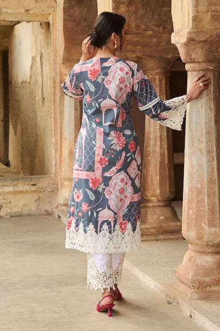 Shop Sage Saga Grey Chanderi, , Linen Round Neck Botanical Kurta Palazzo Set at Aza Fashions Shop_Sage Saga_Grey Chanderi, , Linen Round Neck Botanical Kurta Palazzo Set _at_Aza_Fashions