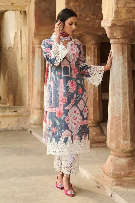 Shop Sage Saga Grey Chanderi, , Linen Round Neck Botanical Kurta Palazzo Set Shop_Sage Saga_Grey Chanderi, , Linen Round Neck Botanical Kurta Palazzo Set