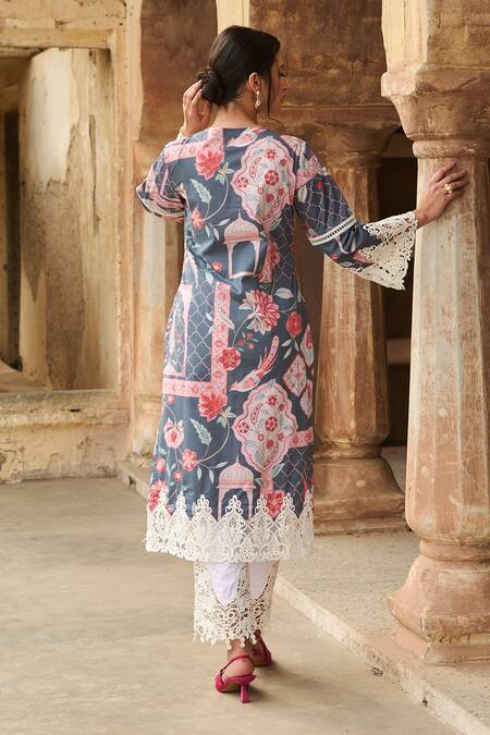 Shop_Sage Saga_Grey Lawn Cotton Printed Botanical Notched Round Kurta _at_Aza_Fashions