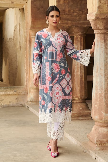 Sage Saga_Grey Lawn Cotton Printed Botanical Notched Round Kurta _Online_at_Aza_Fashions