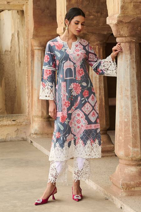 Buy_Sage Saga_Grey Lawn Cotton Printed Botanical Notched Round Kurta _Online_at_Aza_Fashions