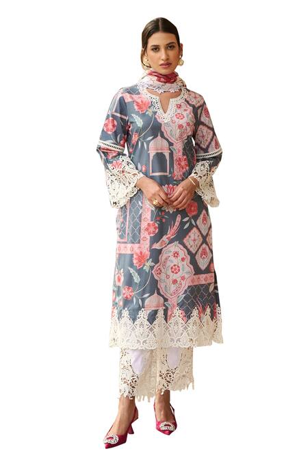 Shop_Sage Saga_Grey Lawn Cotton Printed Botanical Notched Round Kurta _Online_at_Aza_Fashions