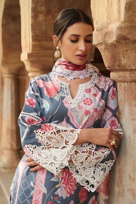 Sage Saga_Grey Lawn Cotton Printed Botanical Notched Round Kurta _at_Aza_Fashions
