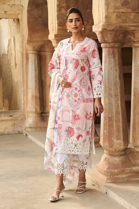 Sage Saga Pink Lawn Cotton Printed Botanical Notched Round Straight Kurta Palazzo Set 