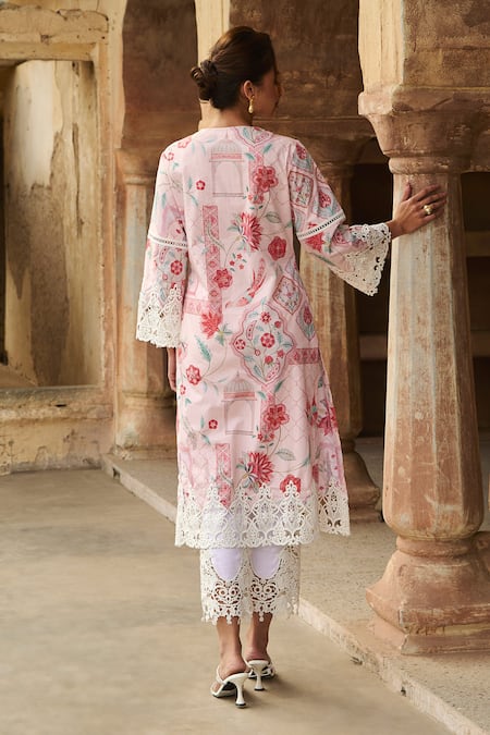 Shop_Sage Saga_Pink Chanderi, Lace, Linen Lace, Embroidery Botanical Straight Kurta Palazzo Set _at_Aza_Fashions