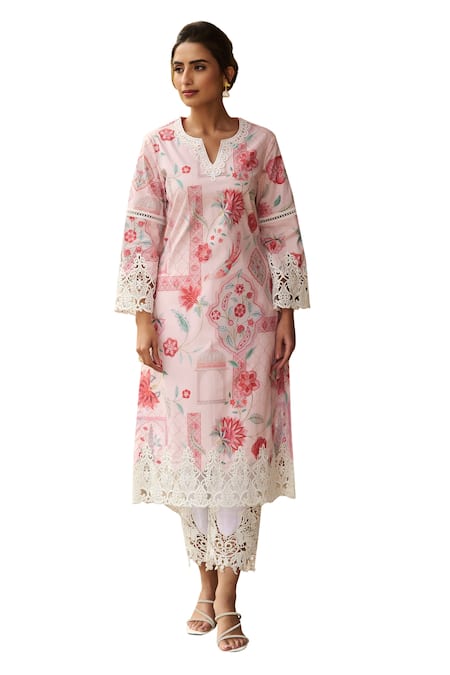 Sage Saga_Pink Chanderi, Lace, Linen Lace, Embroidery Botanical Straight Kurta Palazzo Set _Online_at_Aza_Fashions