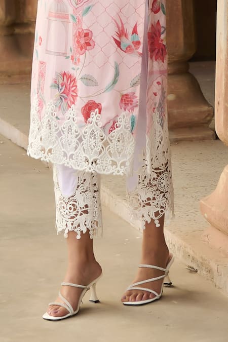 Buy_Sage Saga_Pink Chanderi, Lace, Linen Lace, Embroidery Botanical Straight Kurta Palazzo Set _Online_at_Aza_Fashions