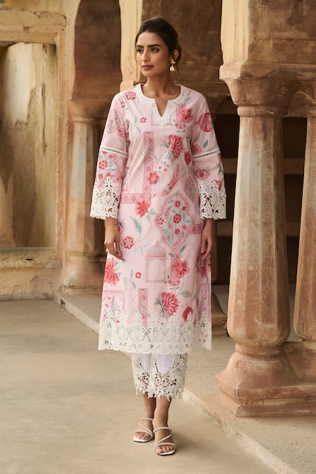Shop_Sage Saga_Pink Chanderi, Lace, Linen Lace, Embroidery Botanical Straight Kurta Palazzo Set _Online_at_Aza_Fashions