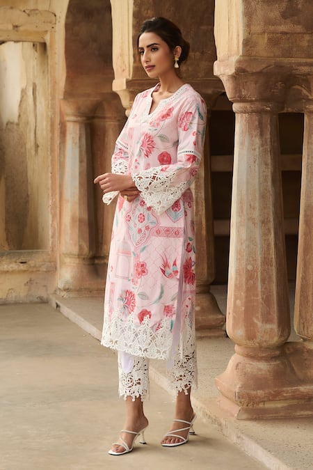 Sage Saga_Pink Chanderi, Lace, Linen Lace, Embroidery Botanical Straight Kurta Palazzo Set _at_Aza_Fashions