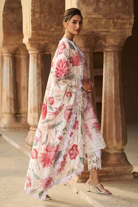Buy_Sage Saga_Pink Chanderi, Lace, Linen Lace, Embroidery Botanical Straight Kurta Palazzo Set 