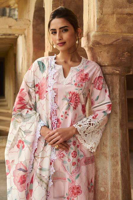 Shop_Sage Saga_Pink Chanderi, Lace, Linen Lace, Embroidery Botanical Straight Kurta Palazzo Set 