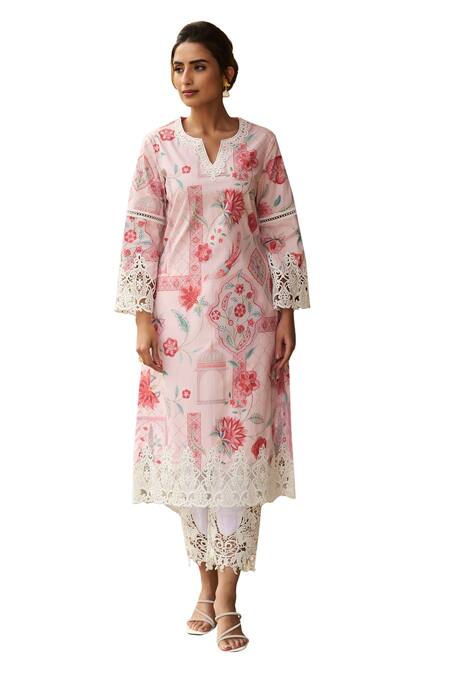 Sage Saga Pink Lawn Cotton Printed Botanical Notched Round Straight Kurta Online at Aza Fashions Sage Saga_Pink Lawn Cotton Printed Botanical Notched Round Straight Kurta _Online_at_Aza_Fashions