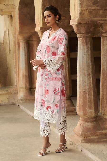 Buy Sage Saga Pink Lawn Cotton Printed Botanical Notched Round Straight Kurta Online at Aza Fashions Buy_Sage Saga_Pink Lawn Cotton Printed Botanical Notched Round Straight Kurta _Online_at_Aza_Fashions