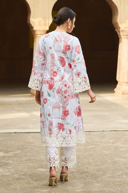 Shop Sage Saga Blue Chanderi Lace Round Neck Flower Print Kurta Set at Aza Fashions Shop_Sage Saga_Blue Chanderi Lace Round Neck Flower Print Kurta Set _at_Aza_Fashions