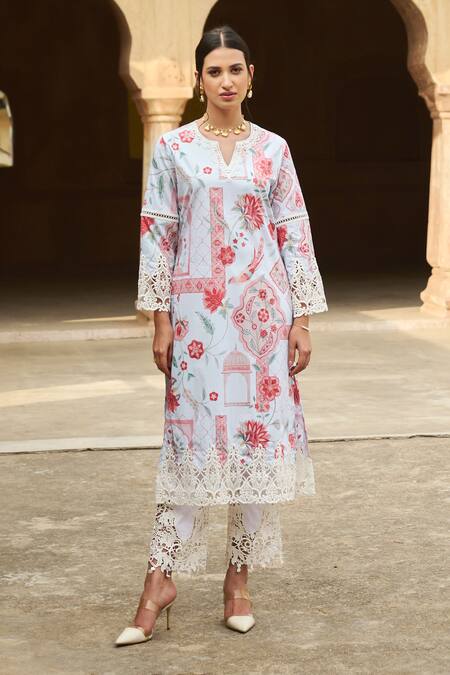 Sage Saga Blue Chanderi Lace Round Neck Flower Print Kurta Set Online at Aza Fashions Sage Saga_Blue Chanderi Lace Round Neck Flower Print Kurta Set _Online_at_Aza_Fashions