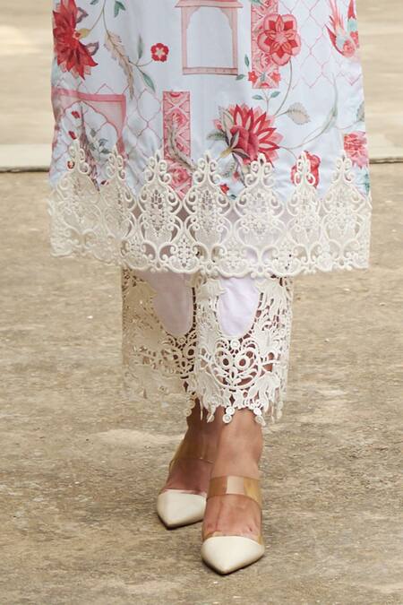 Shop Sage Saga Blue Chanderi Lace Round Neck Flower Print Kurta Set Online at Aza Fashions Shop_Sage Saga_Blue Chanderi Lace Round Neck Flower Print Kurta Set _Online_at_Aza_Fashions