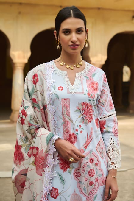 Buy Sage Saga Blue Lawn Cotton Printed Flower Notched Round Kurta Online at Aza Fashions Buy_Sage Saga_Blue Lawn Cotton Printed Flower Notched Round Kurta _Online_at_Aza_Fashions
