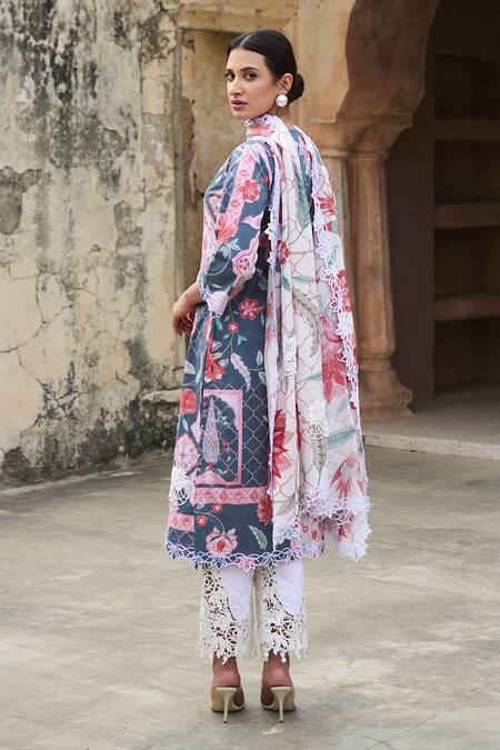 Shop Sage Saga Grey Lawn Cotton Printed Mughal Round Kurta Set at Aza Fashions Shop_Sage Saga_Grey Lawn Cotton Printed Mughal Round Kurta Set _at_Aza_Fashions