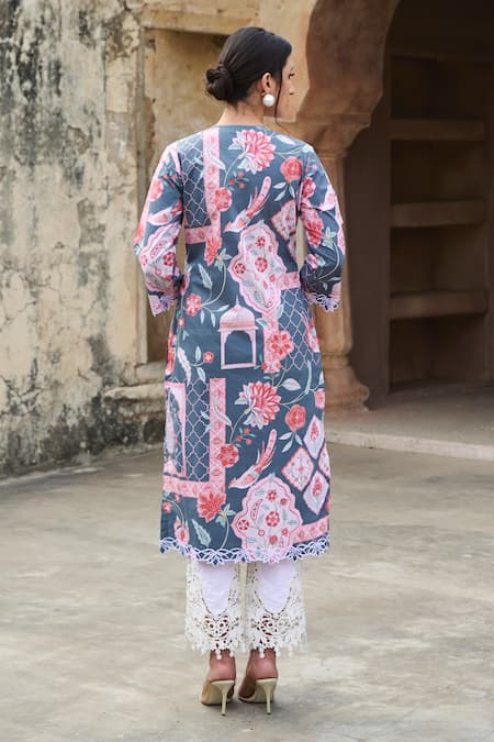 Buy Sage Saga Grey Lawn Cotton Printed Mughal Round Kurta Set Online at Aza Fashions Buy_Sage Saga_Grey Lawn Cotton Printed Mughal Round Kurta Set _Online_at_Aza_Fashions
