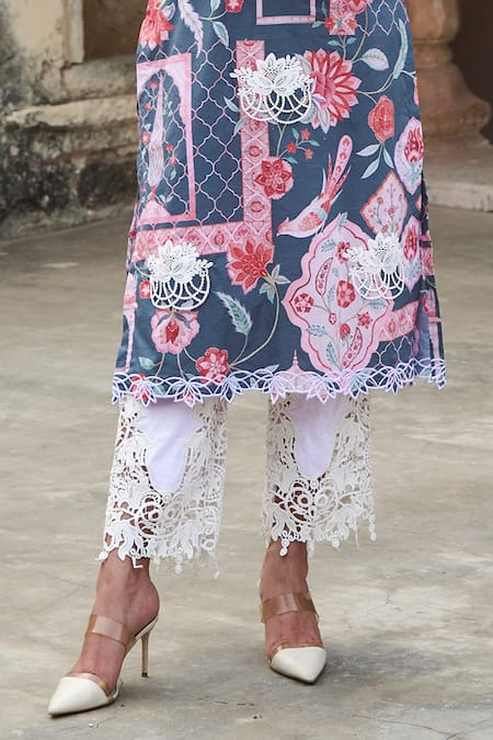 Shop Sage Saga Grey Lawn Cotton Printed Mughal Round Kurta Set Online at Aza Fashions Shop_Sage Saga_Grey Lawn Cotton Printed Mughal Round Kurta Set _Online_at_Aza_Fashions
