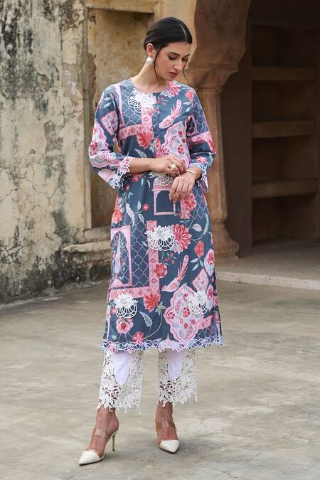 Sage Saga Grey Lawn Cotton Printed Mughal Round Kurta Set at Aza Fashions Sage Saga_Grey Lawn Cotton Printed Mughal Round Kurta Set _at_Aza_Fashions
