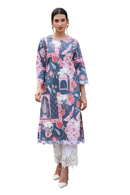 Buy Sage Saga Grey Lawn Cotton Printed Mughal Round Kurta Set Buy_Sage Saga_Grey Lawn Cotton Printed Mughal Round Kurta Set