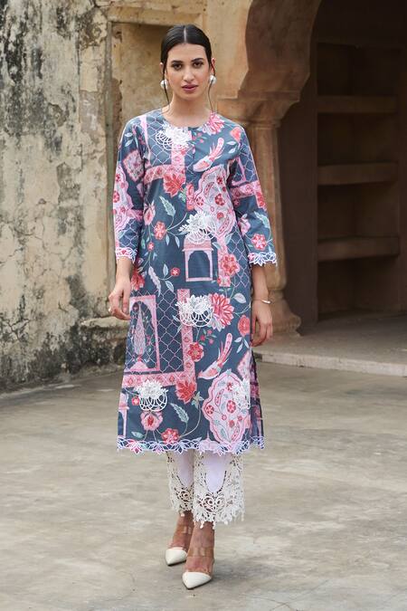 Shop Sage Saga Grey Lawn Cotton Printed Mughal Round Kurta Set Shop_Sage Saga_Grey Lawn Cotton Printed Mughal Round Kurta Set