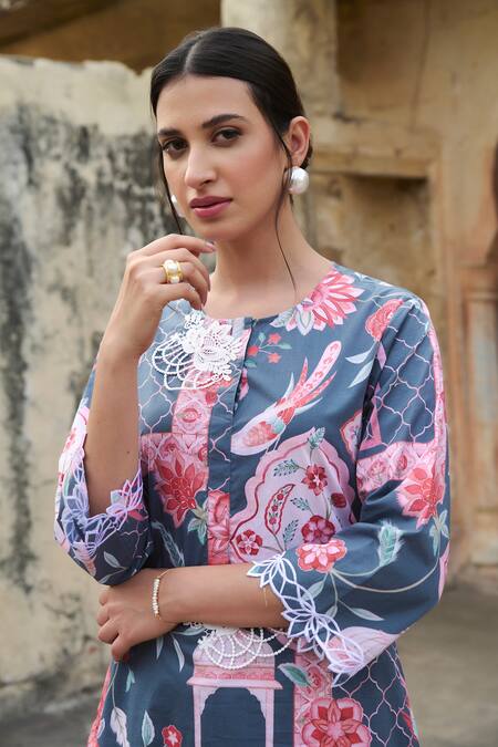 Sage Saga Grey Lawn Cotton Printed Mughal Round Kurta at Aza Fashions Sage Saga_Grey Lawn Cotton Printed Mughal Round Kurta _at_Aza_Fashions