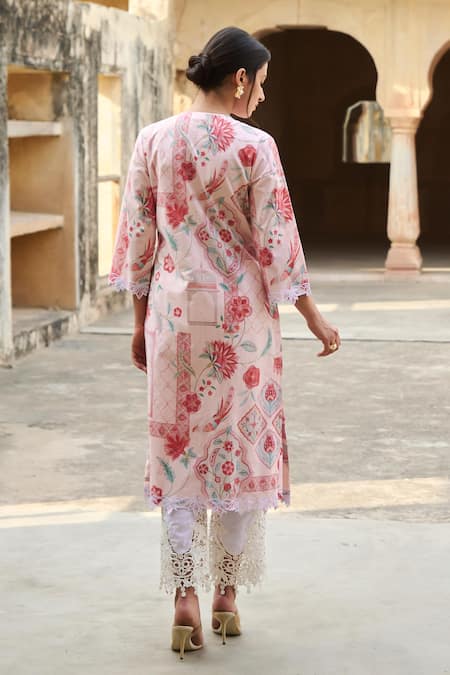 Shop Sage Saga Pink Lawn Cotton Printed Mughal Round Kurta at Aza Fashions Shop_Sage Saga_Pink Lawn Cotton Printed Mughal Round Kurta _at_Aza_Fashions