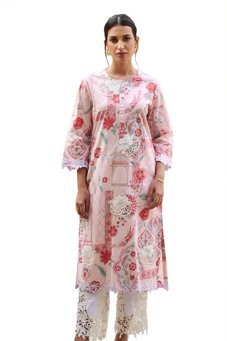 Shop Sage Saga Pink Lawn Cotton Printed Mughal Round Kurta Online at Aza Fashions Shop_Sage Saga_Pink Lawn Cotton Printed Mughal Round Kurta _Online_at_Aza_Fashions