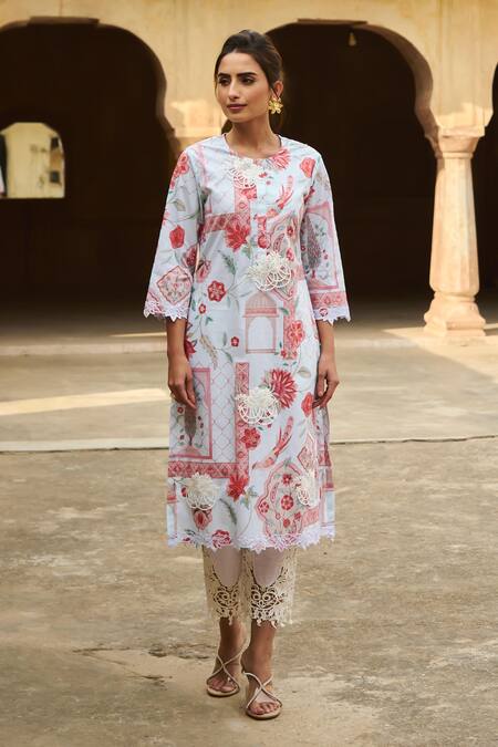 Buy Sage Saga Blue Chanderi, Lace Lace, Embroidery Round Neck Mughal Print Straight Kurta Set Online at Aza Fashions Buy_Sage Saga_Blue Chanderi, Lace Lace, Embroidery Round Neck Mughal Print Straight Kurta Set _Online_at_Aza_Fashions
