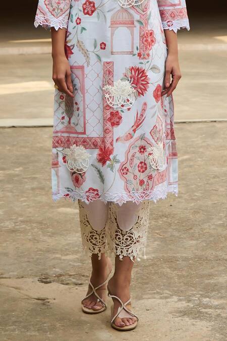 Shop Sage Saga Blue Chanderi, Lace Lace, Embroidery Round Neck Mughal Print Straight Kurta Set Online at Aza Fashions Shop_Sage Saga_Blue Chanderi, Lace Lace, Embroidery Round Neck Mughal Print Straight Kurta Set _Online_at_Aza_Fashions