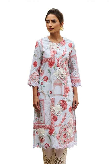 Sage Saga Blue Chanderi, Lace Lace, Embroidery Round Neck Mughal Print Straight Kurta Set at Aza Fashions Sage Saga_Blue Chanderi, Lace Lace, Embroidery Round Neck Mughal Print Straight Kurta Set _at_Aza_Fashions