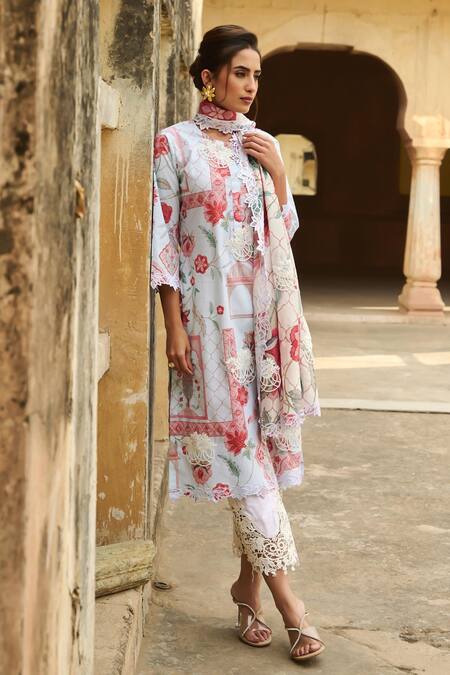 Shop Sage Saga Blue Chanderi, Lace Lace, Embroidery Round Neck Mughal Print Straight Kurta Set Shop_Sage Saga_Blue Chanderi, Lace Lace, Embroidery Round Neck Mughal Print Straight Kurta Set