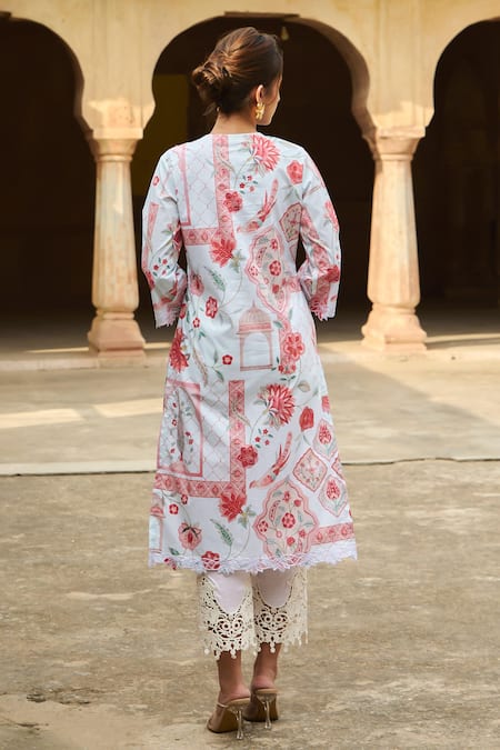 Shop Sage Saga Blue Lawn Cotton Printed Mughal Round Straight Kurta at Aza Fashions Shop_Sage Saga_Blue Lawn Cotton Printed Mughal Round Straight Kurta _at_Aza_Fashions