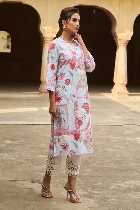 Sage Saga Blue Lawn Cotton Printed Mughal Round Straight Kurta Online at Aza Fashions Sage Saga_Blue Lawn Cotton Printed Mughal Round Straight Kurta _Online_at_Aza_Fashions
