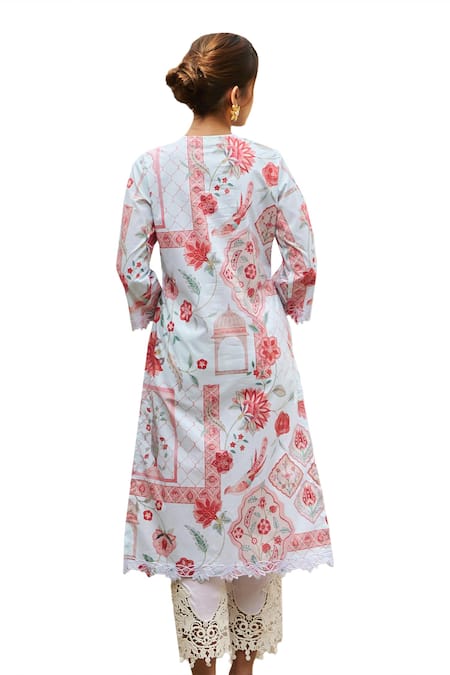 Buy Sage Saga Blue Lawn Cotton Printed Mughal Round Straight Kurta Online at Aza Fashions Buy_Sage Saga_Blue Lawn Cotton Printed Mughal Round Straight Kurta _Online_at_Aza_Fashions