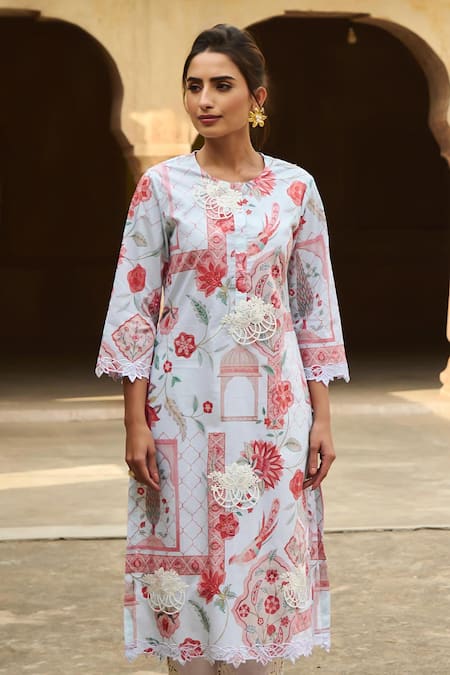 Shop Sage Saga Blue Lawn Cotton Printed Mughal Round Straight Kurta Online at Aza Fashions Shop_Sage Saga_Blue Lawn Cotton Printed Mughal Round Straight Kurta _Online_at_Aza_Fashions