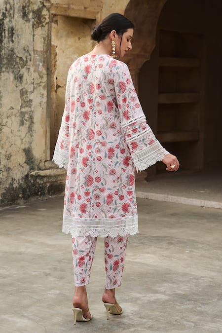Shop Sage Saga Ivory Muslin, Cotton Lace V-neck Blossom Print Kurta With Salwar at Aza Fashions Shop_Sage Saga_Ivory Muslin, Cotton Lace V-neck Blossom Print Kurta With Salwar _at_Aza_Fashions